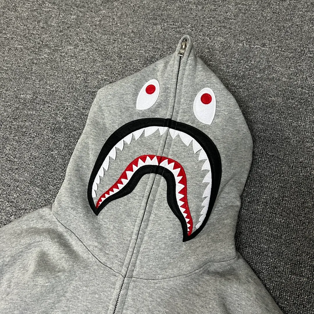 XX 125 BAPE SHARK FULL ZIP solid color embroidered shark zipper sweatshirt jacket ZP version correct version 430g weight pure cotton custom fabric Couple style: S—XXL [Black Gray]